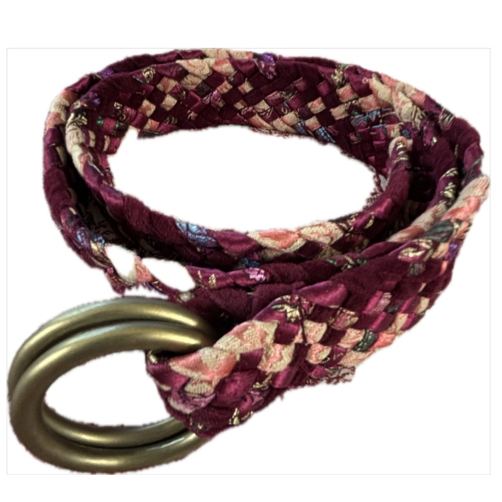 Large Upcycled Woven Boho Tapestry Textiles Belt, Dark Pinks, Double loop buckle